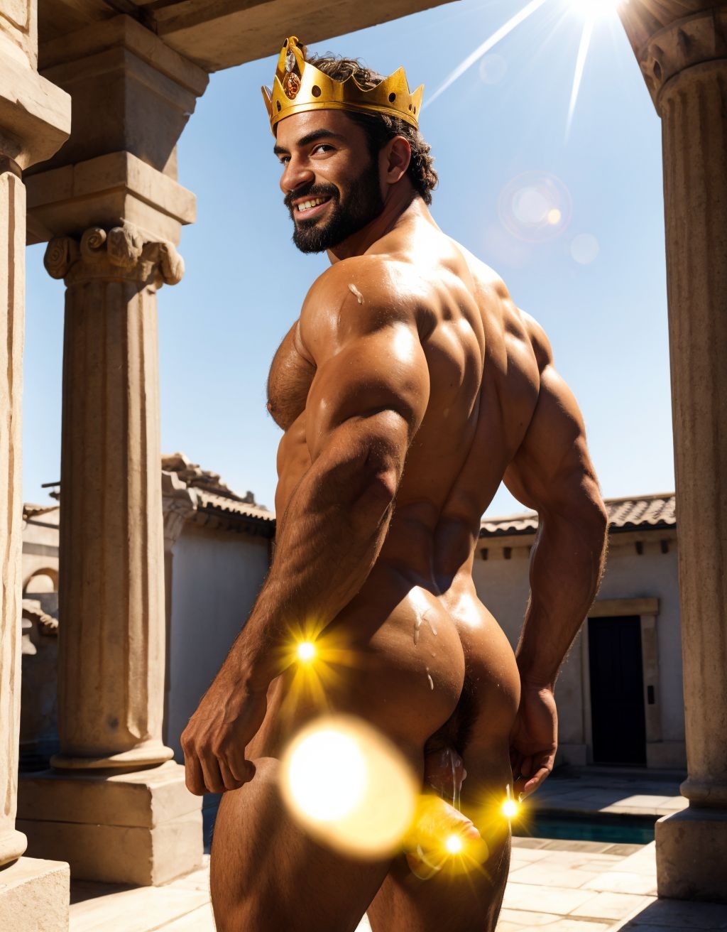 Hombre griego desnudo, sonriente, corona de oro y diamantes, pene grande eyaculando, testículos peludos, inclinado, enseñando ano, señalando con dedo índice, mirando hacia atrás, dedo dentro del ano, entre casas antiguas con columnas y estatuas, iluminado por sol de tarde, ambiente clásico y sensual, piel bronceada, músculos definidos, ojos brillantes, con un toque de erotismo y pasión.