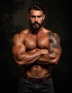 Hombre masculino de 35 años, cuerpo musculoso y definido, torso desnudo con pectorales marcados y abdominales six-pack, brazos fornidos con venas visibles, piel bronceada, vello corporal natural en el pecho, pelo castaño oscuro corto con entradas, barba poblada recortada, mandíbula cuadrada, mirada penetrante y dominante mirando directamente a cámara con expresión seria y autoritaria, tatuajes tribales en el brazo derecho, pantalón vaquero oscuro ajustado con cinturón de cuero, pose masculina con los brazos cruzados, iluminación dramática que resalta los músculos, fondo oscuro difuminado, fotografía realista de alta calidad.