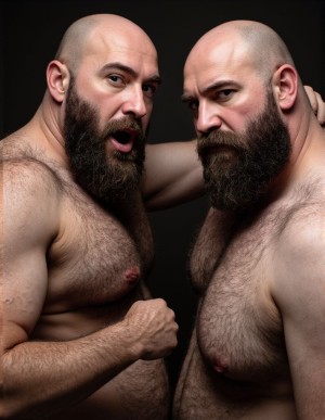Dos hombres tipo oso, muy velludos, con barba muy larga, grandes cabezas rapadas al cero,  hipermasculinos, están de perfil mirándose, tienen barriga velluda, están abrazados y gritan mientras miran a la cámara, fondo oscuro. 