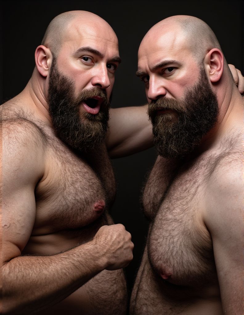 Dos hombres tipo oso, muy velludos, con barba muy larga, grandes cabezas rapadas al cero,  hipermasculinos, están de perfil mirándose, tienen barriga velluda, están abrazados y gritan mientras miran a la cámara, fondo oscuro. 