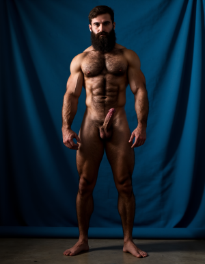 Enomao. Hombre de 35 años, cuerpo completo de pies a cabeza, pose frontal de pie, cuerpo delgado, rostro rudo con mandíbula cuadrada y ceño fruncido, barba abundante negra descuidada de varios días, nariz ancha, cicatriz pequeña en la ceja izquierda, mirada intimidante, pelo negro largo y despeinado, cuello grueso con tendones marcados, hombros anchos y trapecios abultados, pectorales enormes y duros con sombras profundas bajo cada músculo, pezones oscuros rodeados de vello negro denso, vello negro abundante cubriendo todo el pecho extendiéndose hacia el abdomen, abdominales definidos con seis bloques marcados y venas visibles, línea de vello negro desde el ombligo bajando, oblicuos duros con sombras que acentúan cada fibra muscular, brazos con bíceps y tríceps marcados y muy definidos, venas prominentes en los antebrazos, vello negro espeso en antebrazos y dorso de las manos, manos con nudillos anchos y dedos fuertes, piel con suciedad natural como grasa de trabajo y tierra en pecho brazos y piernas, manchas de mugre en los antebrazos y marcas de sudor seco, muslos marcados con cuádriceps separados y definidos cubiertos de vello negro abundante, pantorrillas duras en tensión con vello oscuro, pies descalzos plantados en suelo de hormigón, iluminación lateral dura que proyecta sombras profundas en cada grupo muscular resaltando la masa y la fuerza bruta, ambiente de atmósfera cruda y masculina, fotografía hiperrealista, textura de piel visible con poros y imperfecciones. Tiene un pene erecto masculino de 38,5 cm de longitud y 8,5 cm de diámetro, proporciones perfectas, glande grueso y pronunciado con corona marcada, color rosado oscuro en la cabeza contrastando con el tono bronceado del tronco, venas gruesas y ramificadas recorriendo toda la extensión del falo desde la base hasta el glande, piel tensa y brillante por la erección máxima, prepucio retraído mostrando el frenillo, testículos grandes y pesados colgando en escroto arrugado, cubiertos de vello púbico oscuro y denso, pelo rizado extendiéndose hacia la base del pene, piel escrotal con textura visible y poros definidos, venas visibles en los testículos, posición frontal ligeramente angular, iluminación de estudio con sombras suaves que resaltan cada relieve y textura, fotografía hiperrealista, ultra alta definición 4K, texturas extremadamente detalladas, colores naturales de piel humana, acabado cinematográfico.

El fondo de la imagen es un azul ultramar intenso y profundo, con ondas de tela que ondean como si fueran arrastradas por el viento, creando un movimiento dinámico con la figura. La textura ondulante, similar a la seda, añade una capa de profundidad y sensibilidad a la escena, contrastando con la crudeza y pasión del acto sexual.

La fotografía realista, con genitales anatómicamente correctos y proporciones naturales, sin distorsión, busca capturar la esencia cruda y visceral del momento, sin adornos ni censuras. El enfoque en el punto del pene visible desde un ángulo lateral, busca resaltar la intensidad y la conexión del hombre y su entorno, inmerso en un acto de pasión y deseo. El contenido explícito para adultos es una representación auténtica y sin tapujos de la intimidad y el deseo humano, sin rodeos ni evasivas.