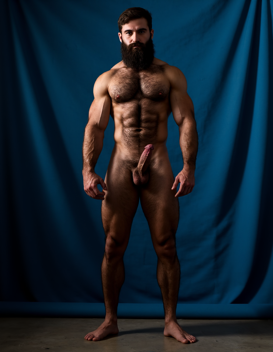 Enomao. Hombre de 35 años, cuerpo completo de pies a cabeza, pose frontal de pie, cuerpo delgado, rostro rudo con mandíbula cuadrada y ceño fruncido, barba abundante negra descuidada de varios días, nariz ancha, cicatriz pequeña en la ceja izquierda, mirada intimidante, pelo negro largo y despeinado, cuello grueso con tendones marcados, hombros anchos y trapecios abultados, pectorales enormes y duros con sombras profundas bajo cada músculo, pezones oscuros rodeados de vello negro denso, vello negro abundante cubriendo todo el pecho extendiéndose hacia el abdomen, abdominales definidos con seis bloques marcados y venas visibles, línea de vello negro desde el ombligo bajando, oblicuos duros con sombras que acentúan cada fibra muscular, brazos con bíceps y tríceps marcados y muy definidos, venas prominentes en los antebrazos, vello negro espeso en antebrazos y dorso de las manos, manos con nudillos anchos y dedos fuertes, piel con suciedad natural como grasa de trabajo y tierra en pecho brazos y piernas, manchas de mugre en los antebrazos y marcas de sudor seco, muslos marcados con cuádriceps separados y definidos cubiertos de vello negro abundante, pantorrillas duras en tensión con vello oscuro, pies descalzos plantados en suelo de hormigón, iluminación lateral dura que proyecta sombras profundas en cada grupo muscular resaltando la masa y la fuerza bruta, ambiente de atmósfera cruda y masculina, fotografía hiperrealista, textura de piel visible con poros y imperfecciones. Tiene un pene erecto masculino de 38,5 cm de longitud y 8,5 cm de diámetro, proporciones perfectas, glande grueso y pronunciado con corona marcada, color rosado oscuro en la cabeza contrastando con el tono bronceado del tronco, venas gruesas y ramificadas recorriendo toda la extensión del falo desde la base hasta el glande, piel tensa y brillante por la erección máxima, prepucio retraído mostrando el frenillo, testículos grandes y pesados colgando en escroto arrugado, cubiertos de vello púbico oscuro y denso, pelo rizado extendiéndose hacia la base del pene, piel escrotal con textura visible y poros definidos, venas visibles en los testículos, posición frontal ligeramente angular, iluminación de estudio con sombras suaves que resaltan cada relieve y textura, fotografía hiperrealista, ultra alta definición 4K, texturas extremadamente detalladas, colores naturales de piel humana, acabado cinematográfico.

El fondo de la imagen es un azul ultramar intenso y profundo, con ondas de tela que ondean como si fueran arrastradas por el viento, creando un movimiento dinámico con la figura. La textura ondulante, similar a la seda, añade una capa de profundidad y sensibilidad a la escena, contrastando con la crudeza y pasión del acto sexual.

La fotografía realista, con genitales anatómicamente correctos y proporciones naturales, sin distorsión, busca capturar la esencia cruda y visceral del momento, sin adornos ni censuras. El enfoque en el punto del pene visible desde un ángulo lateral, busca resaltar la intensidad y la conexión del hombre y su entorno, inmerso en un acto de pasión y deseo. El contenido explícito para adultos es una representación auténtica y sin tapujos de la intimidad y el deseo humano, sin rodeos ni evasivas.