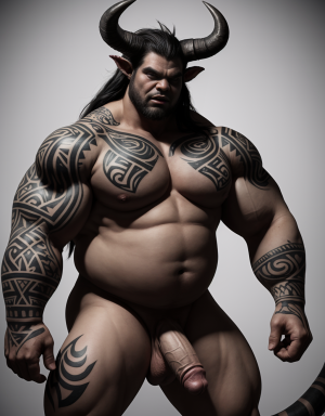 Demonio musculado con cuernos grandes y afilados, tatuajes tribales con líneas negras anchas, cola larga y gruesa, y pollon gordo