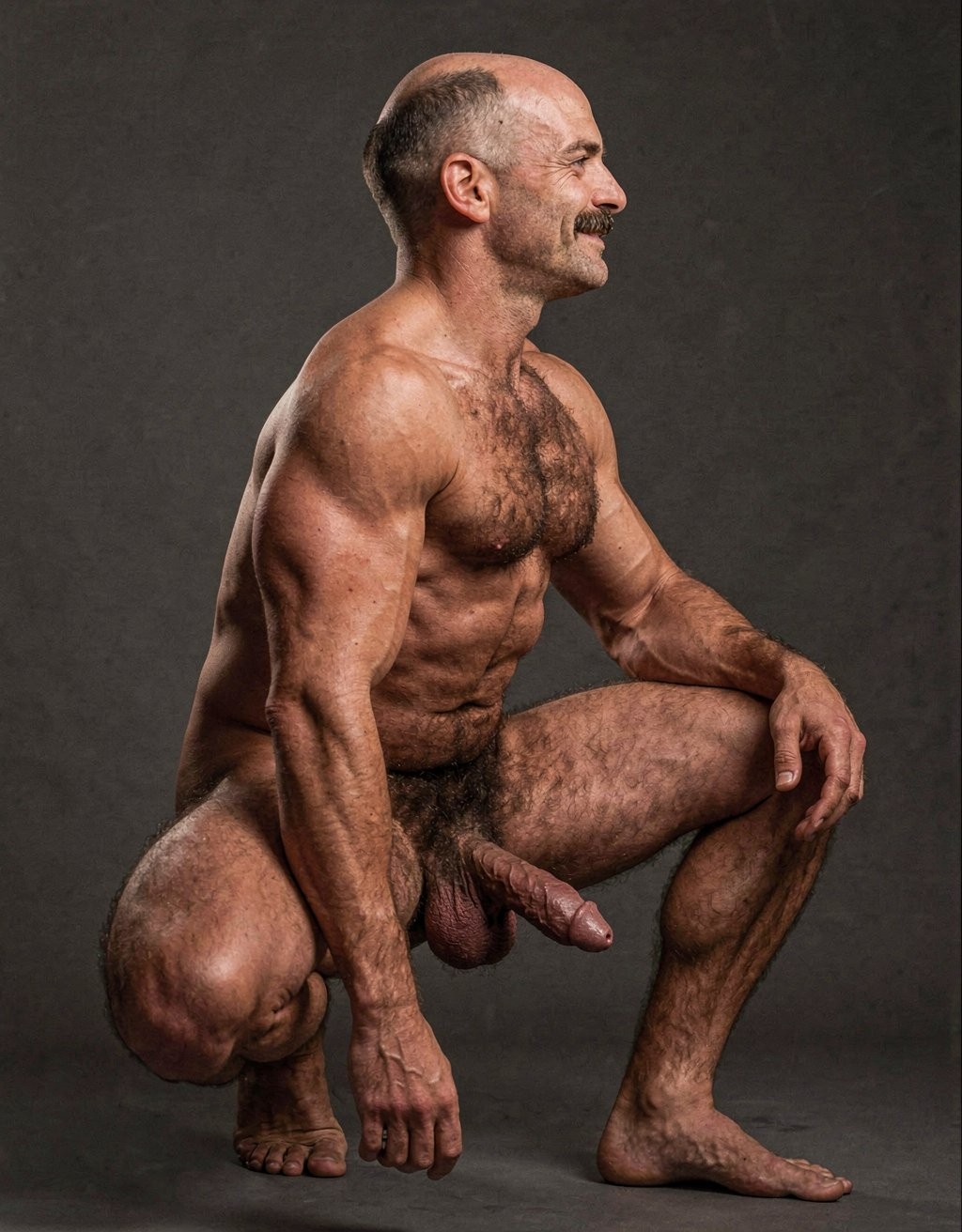 Mike Morris, a 32-year-old extremely lean Caucasian male with only 8% body fat, stands completely naked in a rigid military attention pose captured in a full-body exact side profile at 90 degrees from his right side. The shot runs uninterrupted from the tips of his size 44 slightly hairy feet all the way up to the top of his bald head, showing his entire body without any cropping whatsoever. His physique is dry, highly vascular and powerfully defined: massive square pectorals seen in perfect side silhouette, dense dark brown chest hair forming a thick T-pattern that continues across his shoulders and back, sharply carved six-pack abs in clear profile, narrow waist, wide flaring lats, powerful thighs and diamond-shaped calves covered in the same dark hair. Dramatic directional studio lighting falls from high and slightly in front of him, creating strong rim lighting that traces every sharp edge of his muscular outline, accentuating the texture of his dense dark body hair on chest, shoulders, lower back, ass and legs, while producing deep shadows that highlight every muscle separation, vein and the extreme dryness of his 8% body fat. His advanced Norwood III-IV bald scalp is clearly visible under the light, with very short dense dark brown hair only on the sides and back of his head. His square, angular face is shown in pure right profile: strong jawline, prominent chin with slight central dimple, thick well-groomed dark handlebar mustache, heavy brow and intense deep-set brown eye staring straight forward with a serious, commanding expression. His penis is fully and clearly visible in perfect side view, completely natural and anatomically correct: thick, 24 cm long when fully erect, with a natural slight upward curve, prominent dorsal veins running along the shaft, long foreskin that partially covers the pink-red glans, and noticeably lighter skin tone than the rest of his bronzed body. Below it hang his large, low-hanging testicles with wrinkled darker skin and an extremely dense, curly dark brown pubic bush that climbs almost to his navel and surrounds the base of his cock and balls generously. Every detail from his veined hands and forearms to his muscular ass, hamstrings, diamond calves and hairy toes is perfectly proportioned and free of any deformation. Photorealistic, high-contrast, masculine 1970s Colt Studio aesthetic with subtle grainy film texture. . Está muy agachado. Mike Morris sonríe...