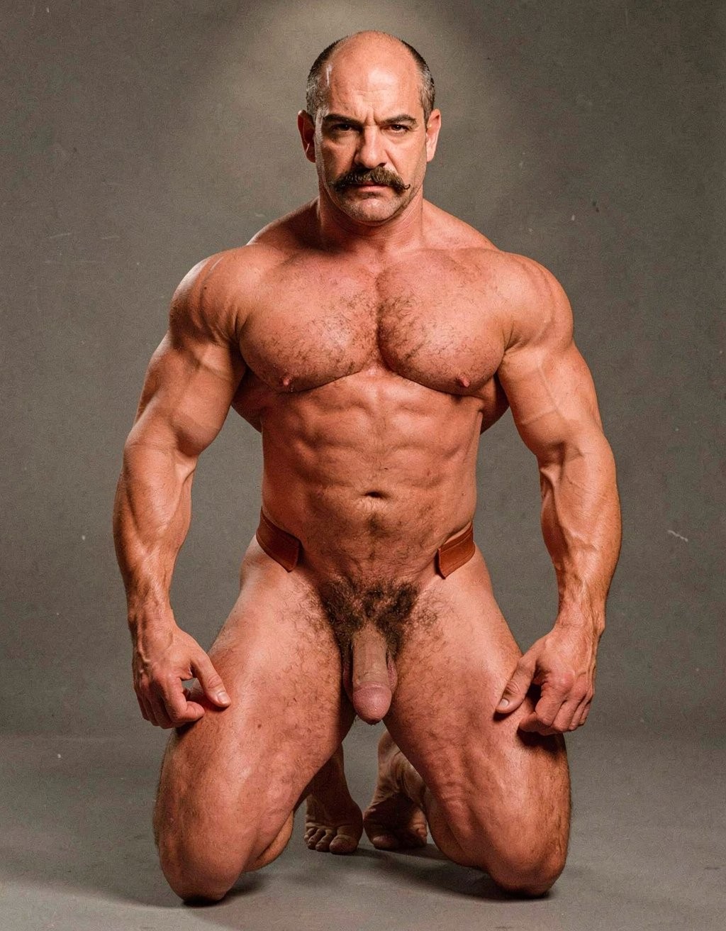 Hombre musculoso y desnudo arrodillado sobre un fondo gris de estudio, posando de frente con una expresión seria y mirada directa a la cámara. Tiene la cabeza parcialmente calva, bigote oscuro y un físico de culturista muy definido, con hombros anchos, pectorales voluminosos, abdominales marcados, brazos vascularizados y muslos potentes. Su vello corporal es visible en el pecho, el abdomen y el pubis, y el pene queda expuesto entre las piernas. La iluminación resalta la textura de la piel, la musculatura y las sombras del cuerpo, creando un retrato frontal intenso de desnudo masculino y fuerza física.