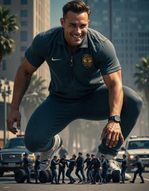 Hiper-realista render, hombre gigante musculoso de 20 años, físico imponente y atlético, vestido con chandal deportivo ajustado y zapatillas Nike de alta calidad, sonriendo con confianza y satisfacción, aplastando a un grupo de hombres diminutos que miden 1cm, policías uniformados con rostros de miedo y desesperación, con sus vehículos y equipo de policía también miniaturizados, en un entorno urbano con edificios y coches a escala normal, iluminación dramática y sombras profundas, texturas detalladas y realistas, foco en la escena de aplastamiento con los policías diminutos intentando escapar, expresiones faciales detalladas y emotivas, ambiente de poder y dominación, renderizado de alta calidad con luces y sombras realistas.