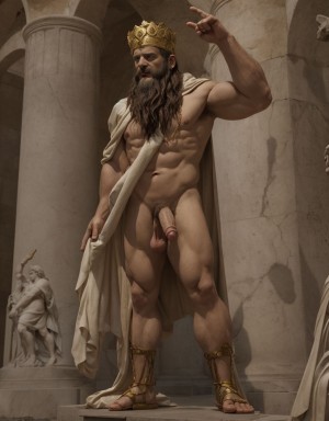 El dios Priapo de Pompeya está desnudo de pie. Es delgado y muy alto. Priapo es dios de la mitología romana. Está en el museo de Nápoles. Tiene un pene grande y erecto. Tiene mucho vello por todo el cuerpo. Tiene sandalias en los pies. Tiene músculos muy definidos. Tiene una corona de laurel. Levanta una mano para saludar al público. El cuerpo está iluminado con focos de luz blanca. Tiene los ojos verdes. Lleva una cadena brillante en los pies. Tiene mucho vello en el pecho moreno. Tiene una capa de oro sobre su espalda. Tiene la boca abierta. Tiene el dedo pulgar de la mano hacia abajo. Está de perfil. Está de lado. Señala con el dedo a su cabeza.