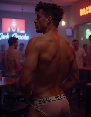 hombre musculoso en slip enseñando el culo en una discoteca gay
