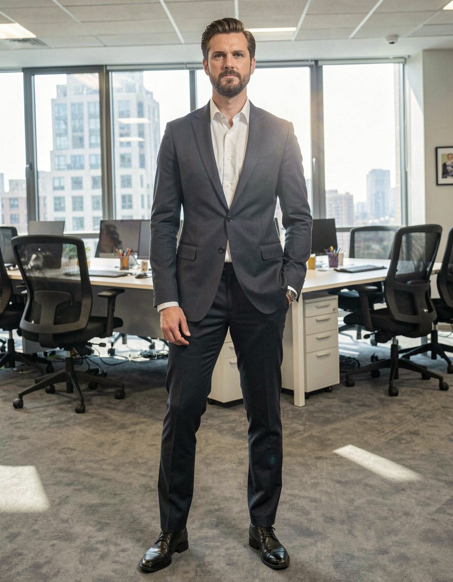 Hombre de 30 años trajeado en la oficina, cuerpo entero, postura sexy , luces dramáticas