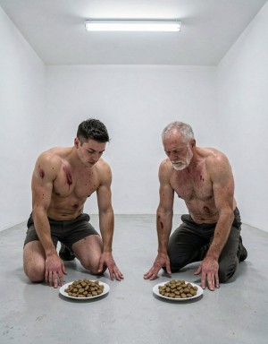 Two shirtless men remain kneeling on the floor of a white, bare room, illuminated by a fluorescent tube on the ceiling, with a cold, clinical atmosphere. In front of each one there is a white plate full of dry feed, similar to dog food, placed directly on the gray cement. The man on the left, younger, wears dark shorts and shows scratches, bruises, and reddish wounds on his chest and arms, with his gaze lowered and a submissive posture. On the right, an older man with a white beard and dark pants also appears injured, with blood marks on his torso and arms, resting his hands on the floor while he observes his plate.