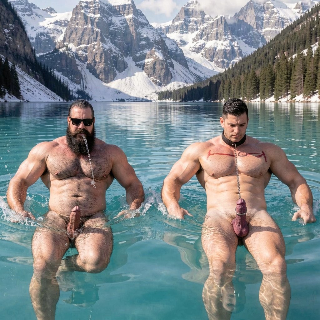 Hyperrealistic cinematic photograph, full body lateral view from water level, perfect anatomy and proportions with zero distortions or deformations. Golden sunlight over the unreal turquoise glacial water of Lake Louise, surrounded by massive snow-capped Rocky Mountains and dense forest. Perfect reflections and crystal clear water.

Hipsterbarba, 40 years old, 180cm, 80kg, 8% body fat, swims powerfully on the left side of the frame doing breaststroke, completely naked. Muscular hairy muscle bear body with dense dark wet body hair plastered to his broad chest, shoulders, defined abs and thick thighs. Long dripping Bandholz beard, curled handlebar mustache, black glasses, dominant and focused expression looking forward. Water splashing around his powerful strokes.

Anil, 25 years old, extreme bodybuilder slave, 175cm, 80kg, 6% body fat, swims right beside you and slightly behind, also doing breaststroke, completely naked. Smooth tanned skin covered in goosebumps and shining with water. Massive 127cm pecs flexing hard with every stroke, deep eight-pack visibly contracting, 47cm veiny arms pulling through the water, tiny 60cm waist, round 90cm glutes and powerful 70cm quads kicking powerfully underwater. Black leather collar tight around his thick neck. The metal cock ring brutally tight at the base of his thick swollen purple cock, which swings heavily between his legs with every kick, releasing long strings of precum that dissolve in the glowing turquoise water behind him.

Fresh red whip marks visible across his massive chest and shoulders. Anil keeps his head slightly lowered even while swimming, eyes fixed on you with pure submissive devotion. Both men swimming together in perfect sync in the middle of the vast freezing lake, completely isolated, raw contrast between the hairy dominant master and his smooth muscular slave. Extreme photorealistic detail on wet skin, muscle flexing, water splashes, body hair, collar, cock ring, floating precum, cold shivering and breathtaking turquoise water. Perfect anatomy, cinematic natural lighting, no deformations.