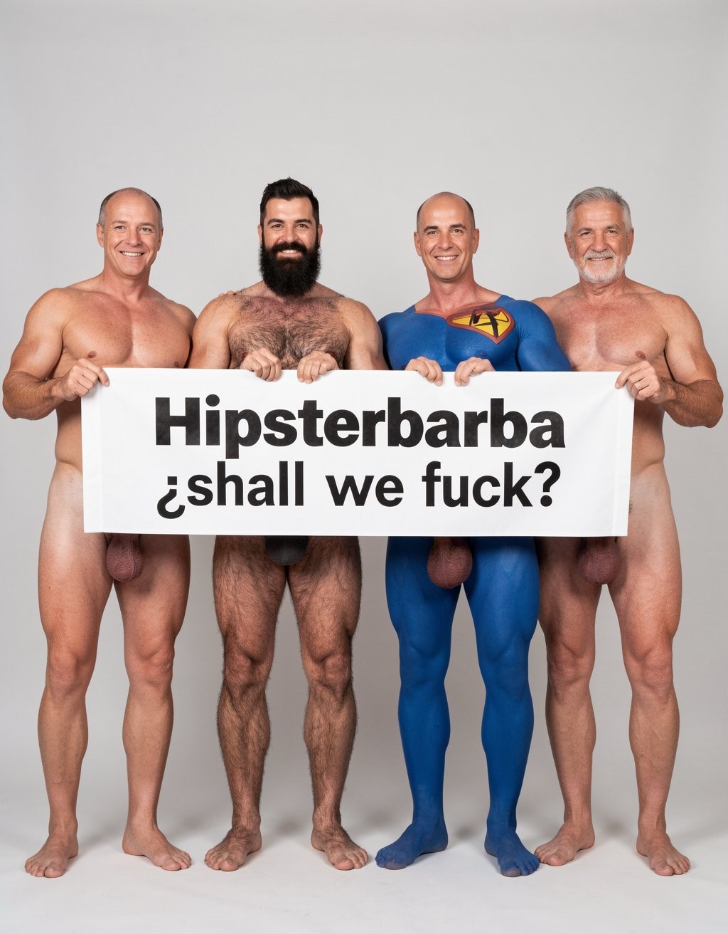 Four naked muscular men holding banner text Hipsterbarba ¿me amas? ultra high quality 8K photorealistic: El Comandante Spanish military leader 45 years short gray hair stern commanding face muscular trained body 185cm 85kg standing far left holding left edge of banner with both hands completely naked massive erect uncircumcised penis 25cm thick veiny shaft visible below banner heavy balls alpha dominant stance, Soldado Bartolo Spanish soldier 35 years thick dark full beard short hair very hairy muscular chest arms legs groin 180cm 80kg standing center-left holding banner completely naked large erect uncircumcised penis 18cm thick visible hairy balls masculine hairy build playful smirk, Superman alien superhero 195cm 100kg perfect bronzed smooth hairless skin short black hair with characteristic curl bright blue eyes massive superhuman muscles standing center-right holding banner completely naked enormous erect penis 23cm steel hard thick shaft visible smooth heavy balls god-like physique confident smile, General Rodolfo Castaños 60 years short gray military hair thick gray mustache experienced muscular body 175cm 75kg standing far right holding right edge of banner completely naked thick erect penis 20cm visible mature heavy balls military bearing knowing expression, all four men standing in horizontal row full body visible head to feet holding between them large white fabric banner at chest level with bold black letters spelling Hipsterbarba ¿follamos? question mark clearly readable professional typography banner stretched tight all four erect penises balls completely visible below banner military office background professional studio lighting 8K photorealistic resolution masterpiece quality inviting expressions.