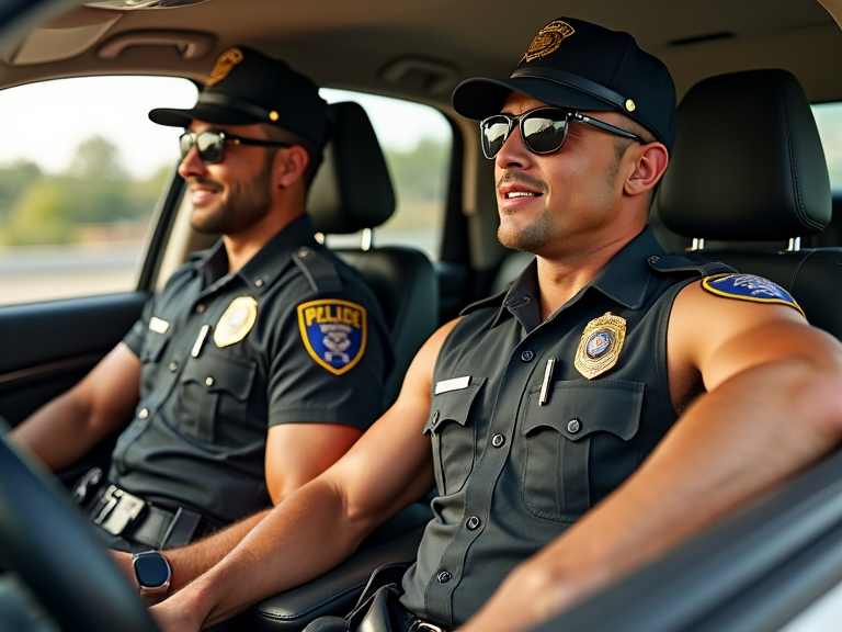 Policías masculinos atractivos, semi desnudos, sentados en un coche de policía, con uniformes parcialmente desabrochados, mostrando torsos musculosos y piel bronceada, con expresiones confiadas y sonrientes, gafas de sol y gorras de policía, fondos de asientos de cuero y equipo policial, iluminación cálida y soleada, ambiente relajado y juguetón, enfoque en la desnudez parcial y la sensualidad, detalles realistas de texturas y sombreados, renderizado de alta calidad y fotorealismo.