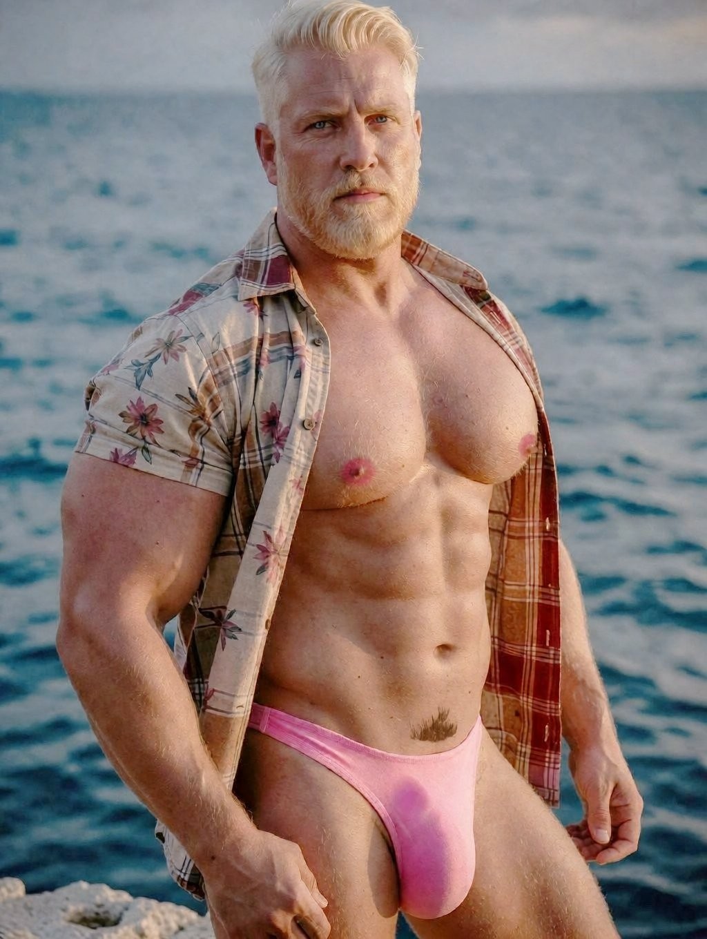 Muscular man with short blond hair and trimmed beard posing by the sea, with a serious expression and direct gaze at the camera. He wears an open short-sleeved shirt with floral and checkered print, revealing his defined torso, pectorals, marked abs, and strong arms. He wears a pink thong swimsuit with a very high cut, snug at the crotch, which highlights the pubic area and legs. The background shows blue water with small waves and natural outdoor light, creating a beach or coastal scene with a summery, athletic, and provocative aesthetic.