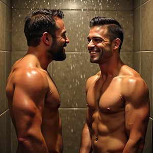 Hombres muy atractivos y musculosos en la ducha del gimnasio, agua cayendo sobre sus cuerpos tonificados, gotas de agua resbalando sobre su piel bronceada, músculos definidos, torsos desnudos, cabello mojado y peinado hacia atrás, sonrisas confiadas y expresiones sensuales, luz cálida y vaporosa del gimnasio, ambiente relajado y sensual, foco en la desnudez y la sensualidad, detalles realistas de la piel y el agua, iluminación suave y cálida, hombres disfrutando del momento, cuerpos atléticos y atractivos, escena íntima y provocativa.