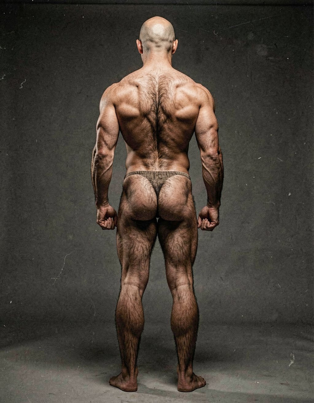 Mike Morris, a 32-year-old extremely lean Caucasian male at only 8% body fat, stands completely naked in a strict military attention pose seen from directly behind in a full posterior view. His back is perfectly straight, shoulders pulled back, arms rigid at his sides with fists clenched, legs straight and together, head held high. The shot captures him from the heels of his feet all the way up to the top of his bald head. His advanced Norwood III-IV baldness is clearly visible from behind, with a smooth tanned scalp on the crown and short dense dark brown hair only on the sides and lower back of the head. His back is highly defined and vascular: wide lats tapering dramatically to a very narrow, tight waist, thick trapezius muscles, and dense dark brown body hair lightly covering the shoulders and becoming much thicker and denser across the lower back and lumbar area, especially between the lats. His ass is tight, muscular and round with almost no fat, the glutes clearly separated. Thick dark hair continues down onto his powerful diamond-shaped calves and the backs of his slightly hairy feet. Dramatic directional studio lighting from above and slightly to the side creates strong highlights on his dry, shredded skin and deep shadows that accentuate every muscle fiber, the texture of his dense back hair, and the extreme vascularity and definition of his 8% body fat physique. Photorealistic, high-contrast, masculine 1970s Colt Studio aesthetic, grainy film texture, commanding and powerful presence.