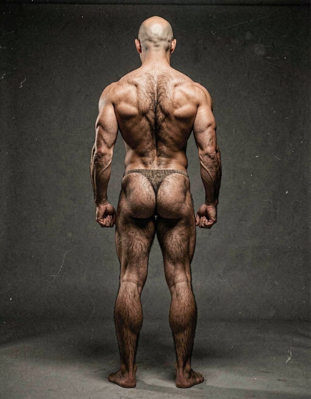 Mike Morris, a 32-year-old extremely lean Caucasian male at only 8% body fat, stands completely naked in a strict military attention pose seen from directly behind in a full posterior view. His back is perfectly straight, shoulders pulled back, arms rigid at his sides with fists clenched, legs straight and together, head held high. The shot captures him from the heels of his feet all the way up to the top of his bald head. His advanced Norwood III-IV baldness is clearly visible from behind, with a smooth tanned scalp on the crown and short dense dark brown hair only on the sides and lower back of the head. His back is highly defined and vascular: wide lats tapering dramatically to a very narrow, tight waist, thick trapezius muscles, and dense dark brown body hair lightly covering the shoulders and becoming much thicker and denser across the lower back and lumbar area, especially between the lats. His ass is tight, muscular and round with almost no fat, the glutes clearly separated. Thick dark hair continues down onto his powerful diamond-shaped calves and the backs of his slightly hairy feet. Dramatic directional studio lighting from above and slightly to the side creates strong highlights on his dry, shredded skin and deep shadows that accentuate every muscle fiber, the texture of his dense back hair, and the extreme vascularity and definition of his 8% body fat physique. Photorealistic, high-contrast, masculine 1970s Colt Studio aesthetic, grainy film texture, commanding and powerful presence.