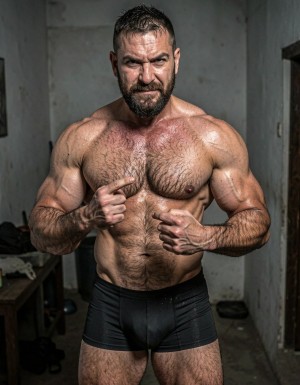 A muscular, dominant Spanish man in his late 30s, short dark hair with a shaved fade, thick stubble, intense dark eyes staring straight at the camera with a cynical smirk. Shirtless, extremely hairy chest and abs, broad shoulders, veiny muscular arms, wearing tight black boxer briefs that show a massive bulge. Standing in a dimly lit room, one hand grabbing his bulge, the other flipping the middle finger. Harsh lighting, sweaty skin, arrogant and cruel expression, hyper-realistic, detailed skin texture.