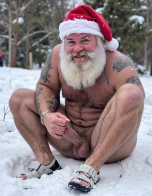 La Navidad. Papá Noel es un hombre de 40 años, atleta, está delgado y tiene músculos marcados y definidos, es muy varonil, tiene barba blanca abundante. Solo tiene el gorro de papá Noel porque está totalmente desnudo enseñando su musculatura de atleta y bronceada, tiene mucho vello blanco que cubre sus músculos pectorales y el abdomen y también en sus piernas. Tiene sandalias blancas en sus pies. Barba abundante blanca de papá Noel. Es el Papá Noel del año 2025, con mucha alegría y mucho sexo gay. Aspecto muy masculino salvaje. Pene erecto de 20cm de longitud y 8cm de diámetro. Abundante vello blanco por todo el cuerpo. Está saltando en la nieve mientras nieva y su gran pene de 22 cm de longitud y 9 cm de diámetro está erecto, está metiendo su pene dentro del ano de otro hombre de aspecto deportista que está desnudo y tiene una enorme polla grande, está desnudo enseñando su cuerpo de culturista con cintura estrecha delgado sin nada de grasa. Tienen los penes en erección y hay mucha excitación sexual, muy excitados. Sexo explicito muy potente. Abrazo. Beso en los labios. Sexo anal muy profundo. Están muy delgados y tienen aspecto muy masculino