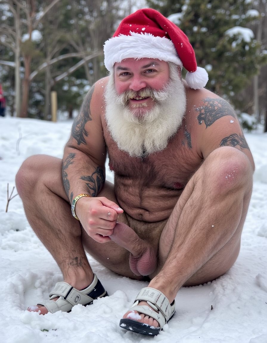 La Navidad. Papá Noel es un hombre de 40 años, atleta, está delgado y tiene músculos marcados y definidos, es muy varonil, tiene barba blanca abundante. Solo tiene el gorro de papá Noel porque está totalmente desnudo enseñando su musculatura de atleta y bronceada, tiene mucho vello blanco que cubre sus músculos pectorales y el abdomen y también en sus piernas. Tiene sandalias blancas en sus pies. Barba abundante blanca de papá Noel. Es el Papá Noel del año 2025, con mucha alegría y mucho sexo gay. Aspecto muy masculino salvaje. Pene erecto de 20cm de longitud y 8cm de diámetro. Abundante vello blanco por todo el cuerpo. Está saltando en la nieve mientras nieva y su gran pene de 22 cm de longitud y 9 cm de diámetro está erecto, está metiendo su pene dentro del ano de otro hombre de aspecto deportista que está desnudo y tiene una enorme polla grande, está desnudo enseñando su cuerpo de culturista con cintura estrecha delgado sin nada de grasa. Tienen los penes en erección y hay mucha excitación sexual, muy excitados. Sexo explicito muy potente. Abrazo. Beso en los labios. Sexo anal muy profundo. Están muy delgados y tienen aspecto muy masculino