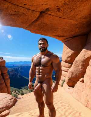 Turco desnudo. Tiene pene grande perfecto y largo. Tiene 30 años de edad. Tiene mucho vello y tiene cuerpo muy atlético. Está entre paisajes de Capadocia. Tres hombres atléticos desnudos y bellos a su alrededor. Tiene los pies descalzos desnudos.