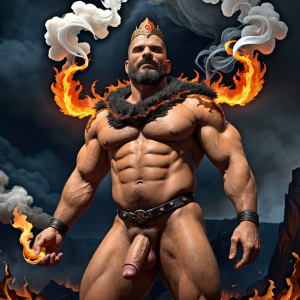 Cneo Pompeyo Magno desnudo con pene grande y testículos grandes peludos. Dobla el brazo derecho para enseñar los bíceps del brazo derecho con gran orgullo. Tiene mucho vello por todo el cuerpo. Está bronceado. Tiene corona de oro. Tiene alas de diablo negras y rojas oscuro. Tiene un chorro de humo en su boca. Tienen una llama de fuego en su boca. Los brazos están hacia arriba implorando rayos y fuego. Tiene un chorro de fuego en el pene que sale a chorros rojos hacia arriba de su pene erecto tieso hacia arriba. Sus ojos son grandes y rojos. Está enseñando sus grandes testículos. Tiene testículos grandes y oscuros. Está alumbrado con mucha luz roja por todo el cuerpo. Es muy atractivo. Está rodeado de llamas y humo. Tienen cara de maldad y con barba. Tiene sandalias negras y los pies