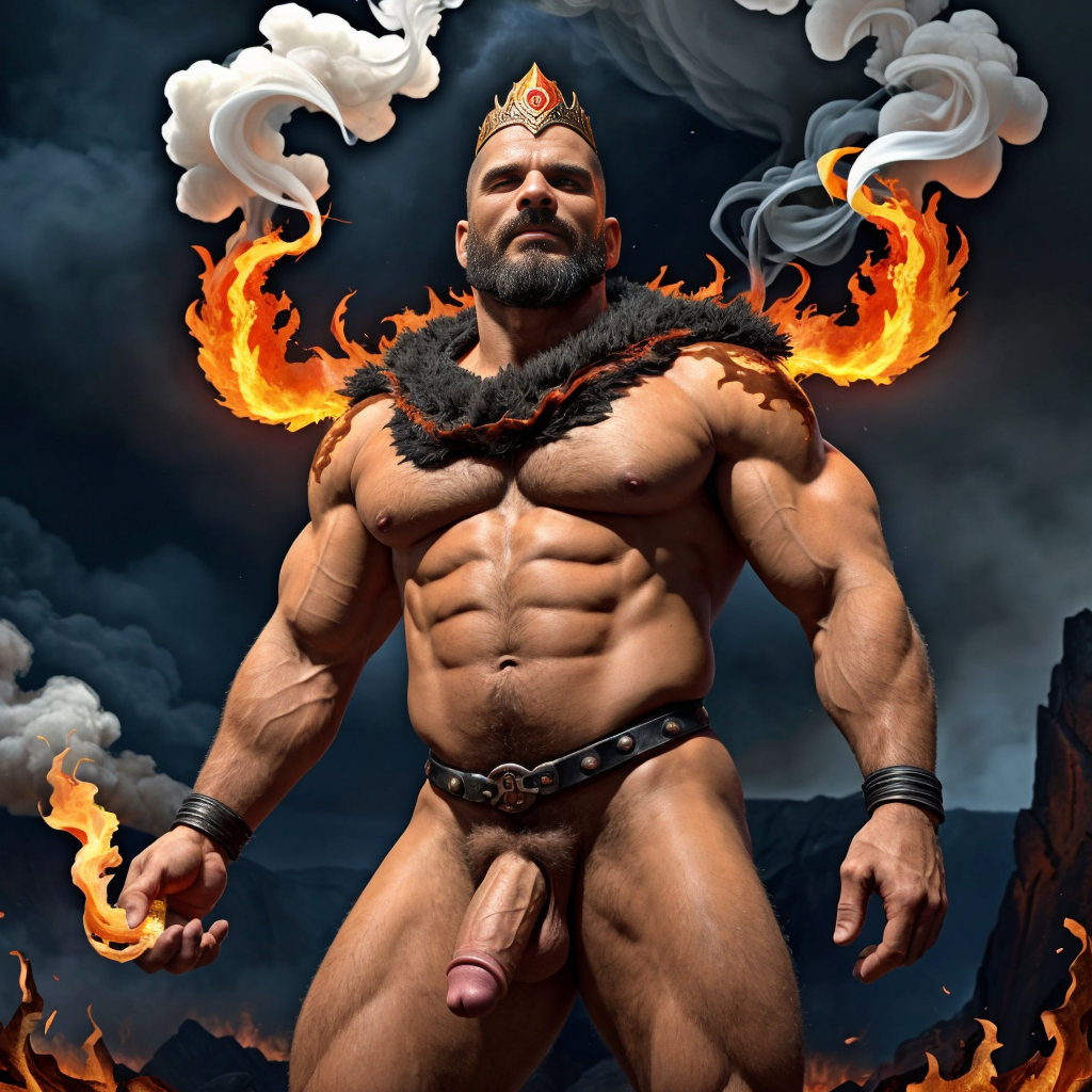 Cneo Pompeyo Magno desnudo con pene grande y testículos grandes peludos. Dobla el brazo derecho para enseñar los bíceps del brazo derecho con gran orgullo. Tiene mucho vello por todo el cuerpo. Está bronceado. Tiene corona de oro. Tiene alas de diablo negras y rojas oscuro. Tiene un chorro de humo en su boca. Tienen una llama de fuego en su boca. Los brazos están hacia arriba implorando rayos y fuego. Tiene un chorro de fuego en el pene que sale a chorros rojos hacia arriba de su pene erecto tieso hacia arriba. Sus ojos son grandes y rojos. Está enseñando sus grandes testículos. Tiene testículos grandes y oscuros. Está alumbrado con mucha luz roja por todo el cuerpo. Es muy atractivo. Está rodeado de llamas y humo. Tienen cara de maldad y con barba. Tiene sandalias negras y los pies