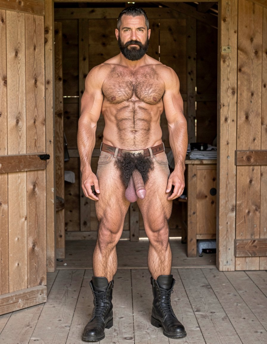 Photorealistic full frontal body photograph from head to toes of Gayon Von Neumann standing inside a rustic wooden stable with natural even frontal lighting. The face is an exact, perfect copy of the man in the attached photo: identical facial structure, square masculine jaw, high prominent cheekbones, strong wide chin, slightly wrinkled forehead, thick dense black mustache perfectly groomed, dense black eyebrows almost connected, small piercing dark arrogant eyes with the exact same cold contemptuous gaze, straight wide nose, thin lips with the same superior and arrogant expression, tanned golden skin tone and all exact facial proportions, wrinkles and details from the reference photo. The body is 100% faithful to all previously established details of Gayon Von Neumann: 35 years old, 1.85m tall, 80kg with 5% body fat, extremely dry and fibrous muscle, perfect V-taper physique, broad shoulders and narrow waist. Torso, chest, abdomen, shoulders, arms, back, legs and groin completely covered in dense coarse black hair that swirls around large dark nipples and widens into a massive wild curly black pubic bush. Massive heavy 26cm soft veiny cock (7cm thick), thick fleshy foreskin hanging low with shiny moisture at the opening, large mushroom-shaped pink-purple glans partially visible, huge low-hanging hairy balls in dark wrinkled scrotum. Powerful muscular hairy legs. Standing completely naked except for heavy dark work boots, jeans pulled down to his ankles, dominant arrogant posture with feet slightly apart, hands relaxed at his sides, looking straight at the camera with the exact copied cold superior expression. Hyper-detailed, anatomically perfect, zero distortions, every single hair, vein, muscle fiber and skin texture visible and faithful to all prior descriptions. Cinematic full body shot from the top of the head to the tips of the boots.