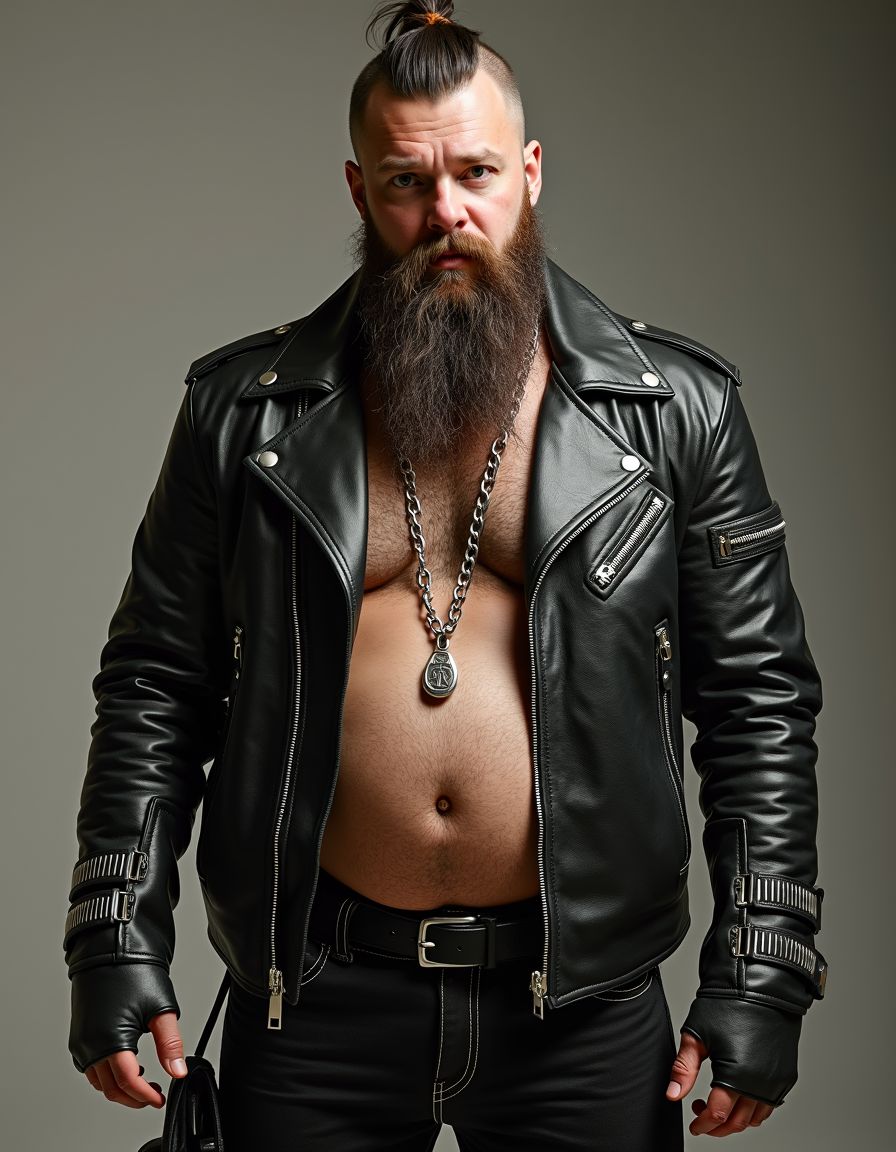 motero en cuero con barriga, cresta mohicana y barba