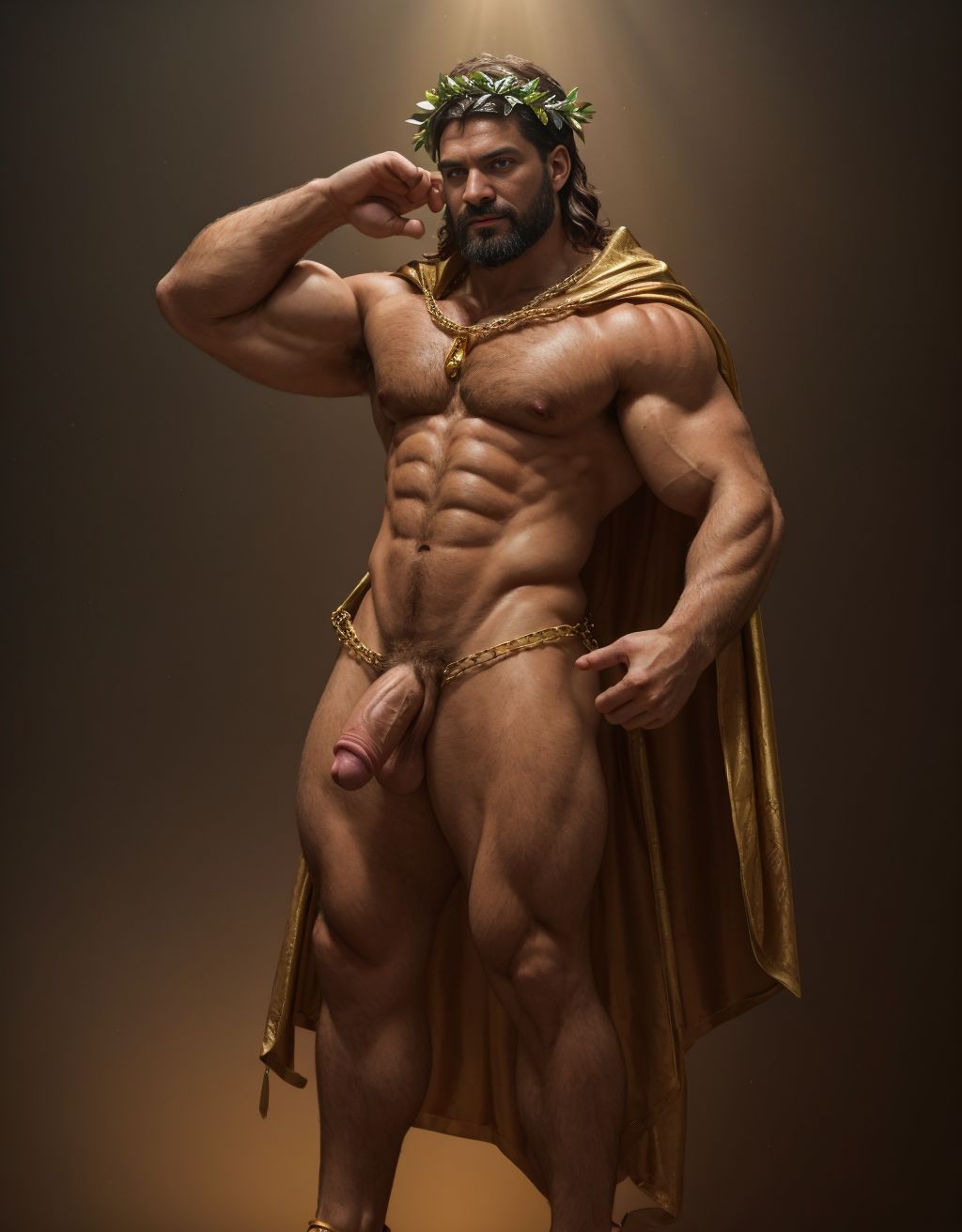 El dios Priapo de Pompeya está desnudo de pie. Es delgado y muy alto. Priapo es dios de la mitología romana. Está en el museo de Nápoles. Tiene un pene grande y erecto. Tiene mucho vello por todo el cuerpo. Tiene sandalias en los pies. Tiene músculos muy definidos. Tiene una corona de laurel. Levanta una mano para saludar al público. El cuerpo está iluminado con focos de luz blanca. Tiene los ojos verdes. Lleva una cadena brillante en los pies. Tiene mucho vello en el pecho moreno. Tiene una capa de oro sobre su espalda. Tiene la boca abierta. Tiene el dedo pulgar de la mano hacia abajo. Está de perfil. Está de lado. Señala con el dedo a su cabeza.