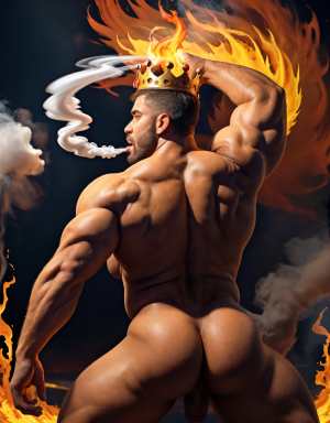 Cneo Pompeyo Magno desnudo con pene grande y testículos grandes peludos. Dobla el brazo derecho para enseñar los bíceps del brazo derecho con gran orgullo. Tiene mucho vello por todo el cuerpo. Está bronceado. Tiene corona de oro. Tiene alas de diablo negras y rojas oscuro. Tiene un chorro de humo en su boca. Tienen una llama de fuego en su boca. Los brazos están hacia arriba implorando rayos y fuego. Tiene un chorro de fuego en el pene que sale a chorros rojos hacia arriba de su pene erecto tieso hacia arriba. Sus ojos son grandes y rojos. Está enseñando sus grandes testículos. Tiene testículos grandes y oscuros. Está alumbrado con mucha luz roja por todo el cuerpo. Es muy atractivo. Está rodeado de llamas y humo. Tienen cara de maldad y con barba. Se ven los pies. ¿Donde están sus pies? quiero ver los pies