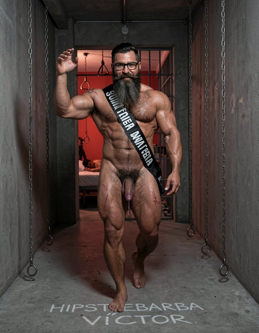 Hyperrealistic cinematic photograph inside a dark brutal dungeon corridor with rough concrete floor, hanging metal chains along the walls, dim red ambient lighting mixed with dramatic side spotlights creating hard contrasts, deep shadows and visible sweat on every muscle. Three men walking forward in a straight line toward the viewer, full body view, heading to an open doorway at the end of the corridor that reveals a red-lit room with visible bondage bed, whipping bench, hanging pulleys and a large metal cage in the corner.

Hipsterbarba walks dominant in the exact center, completely naked, 40 years old, 180cm 80kg 8% body fat, powerful muscle-bear physique covered in dense dark wet body hair on thick chest, shoulders, defined abs and heavy thighs. Very long thick Bandholz beard reaching almost to his chest, curled handlebar mustache, black glasses, hands on his waist at the start of the stride, powerful confident gait, thick heavy cock and low hanging balls swinging with each step, cold superior expression looking straight ahead.

To his right (left side of the image) walks Anil, 25 years old, extreme bodybuilder slave, completely naked, 175cm 80kg 6% body fat, massive 127cm pumped chest, perfect eight-pack, extremely wide V-taper back with fresh red whip marks, round high 90cm glutes and 70cm competition quads, completely smooth tanned skin from the neck down. Thick cock strangled at the base by a shiny metal cock ring making it purple and swollen, long strings of precum dripping from the tip with every step. Head slightly lowered in submission, arms still slightly pumped from previous flex, serious devoted expression, anus slightly open with a thin trail of semen and precum running down the inside of his left thigh.

To his left (right side of the image) walks Víctor, 25 years old, extreme bodybuilder, completely naked, 175cm 80kg 6% body fat, massive 127cm pumped chest, perfect eight-pack, wide V-taper, round high glutes and 70cm competition quads, completely smooth tanned skin. A thick black textile victory sash tightly crossed over his torso from right shoulder to left hip with large perfectly legible white capital letters in Spanish reading exactly “Esclavo de Gayon”. He walks with a slight happy smile, right hand raised in a cheerful wave, thick erect cock bouncing hard with each step, heavy balls swinging.

On the concrete floor beneath them, faint white chalk letters still visible from earlier: “HIPSTERBARBA” under the center man, “ANIL” under the man on the left side of the image, and “VÍCTOR” under the man on the right side of the image.

Raw atmosphere of total ownership and humiliation, perfect anatomy and proportions, realistic skin texture, sweat, muscle striations, visible precum trails and sharp text details. No distortions.