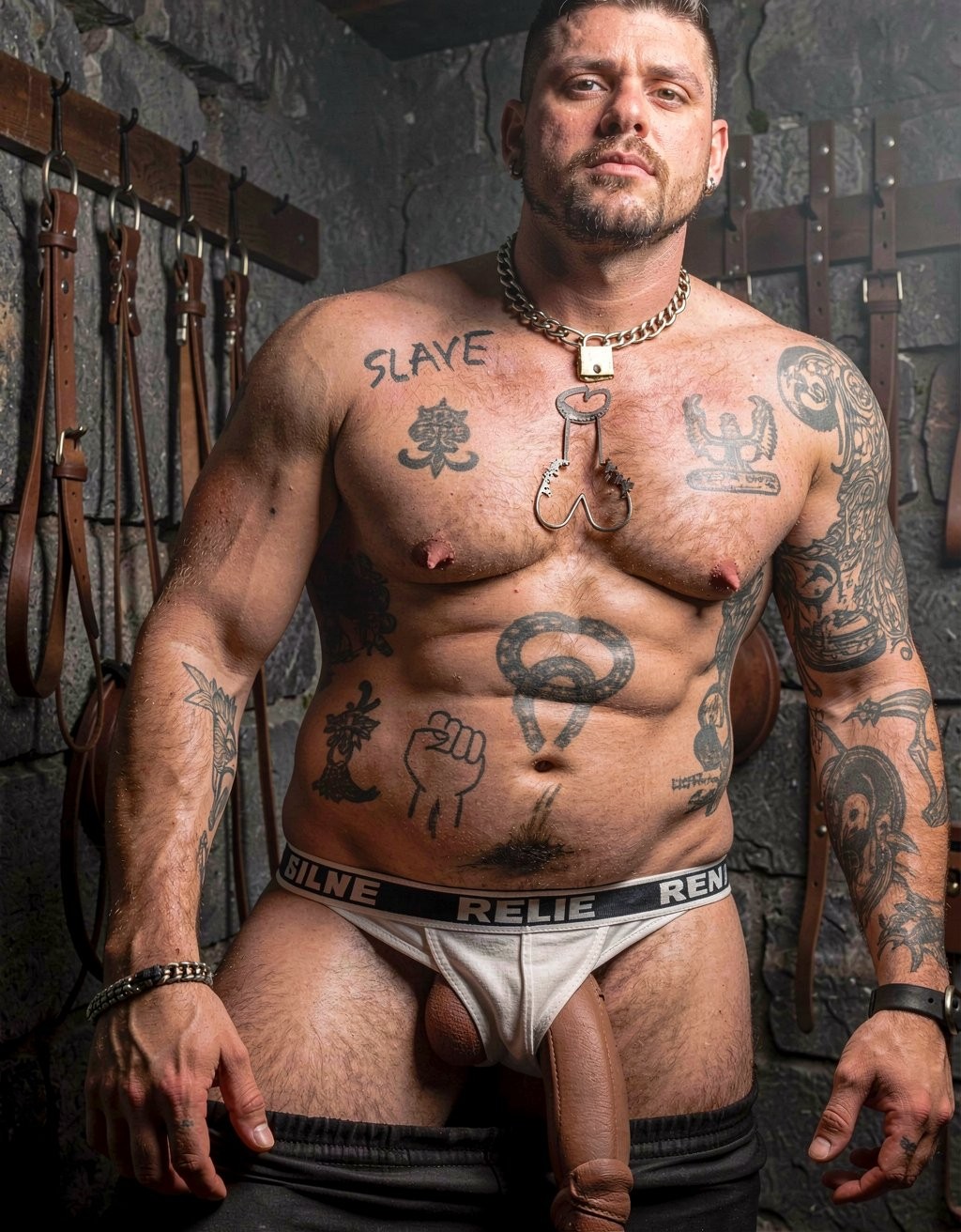 Hombre corpulento y musculoso posa de frente en un entorno oscuro de estética mazmorra, con paredes de piedra, correas de cuero, hebillas y utensilios colgados al fondo. Lleva el torso desnudo, numerosos tatuajes en pecho, abdomen y brazos, incluida la palabra “SLAVE”, símbolos gráficos y diseños tribales, además de una cadena metálica gruesa al cuello con un colgante fálico. Viste un suspensorio blanco con banda elástica negra y letras visibles, del que sobresale una pieza alargada marrón con forma de pene, mientras los pantalones quedan bajados hasta los muslos. Su expresión seria, la iluminación dramática y los accesorios BDSM refuerzan una escena fetichista, dominante y cruda.