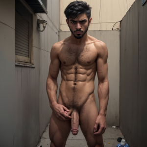Joven árabe vagabundo masculino, muy delgado cara de enfado y velludo. Está de pie meando  en un callejón , meando la acera con su gran pene.