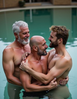 Diferente edad. 
Dos hombres maduros canosos y con la barba blanca, ligan en la piscina con un chaval joven y forman un trío amoroso, se miran con deseo y sonríen