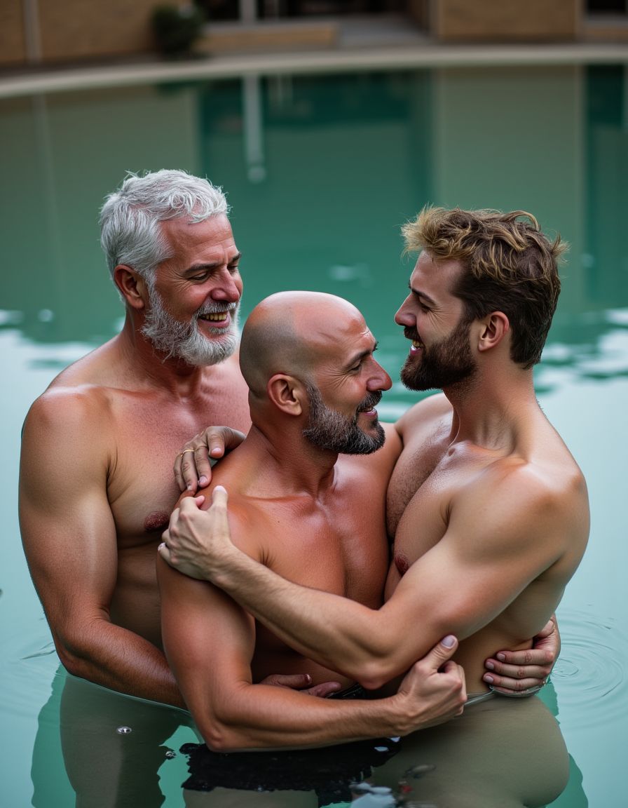 Dos hombres maduros canosos y con la barba blanca, ligan en la piscina con un chaval joven y forman un trío amoroso, se miran con deseo y sonríen