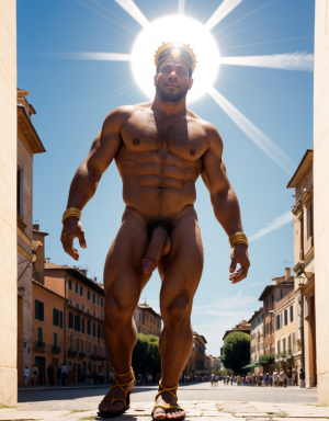 En el año 49 a.C., Julio César desnudo con pene grande. Está por las calles de la ciudad de Roma. Está bronceado. Tiene testículos grandes y peludos, muestra su bíceps derecho con orgullo. Tiene un aro luminoso sobre su cabeza. Tiene sandalias, monedas esparcidas. Salta hacia arriba subiendo al cielo. Es muy atractivo. Está volando entre nubes. Se ve todo el cuerpo, cabeza y pies con sandalias.