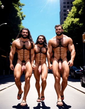 Dos hombres jóvenes desnudos musculosos y fibrosos. Tiene pene grande. Están andando por la calle. Tienen sandalias en los pies. El pene y los testículos se mueven al aire al andar. El enorme pene se dobla hacia el lado al ritmo del andar. Los testículos botan contra los muslos al andar moviéndose hacia afuera. Las manos tocan y acarician su propio pene. Tienen mucho pelo vello en el pecho. Tienen los pelos muy rizados y largos. El pelo es vaporoso y se mueve con el aire hacia adelante.