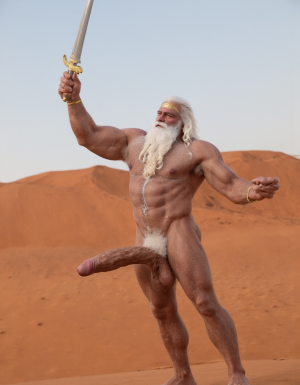 Enrique es un hombre muy delgado de 50 años, tiene cabello largo con canas blancas, tiene barba blanca abundante y larga. Está totalmente desnudo, en sus manos lleva una espada de oro alzada hacia el cielo. Tiene un cuerpo muy delgado con músculos marcados y definidos. 💪🏼. Tiene un pene erecto de 36,8 cm de longitud y 7,9 cm de diámetro. Tiene mucho vello corporal blanco que cubre su pecho brazos y piernas. Está en la arena del desierto entre grandes dunas de arena color terracota. Tiene la piel morena bronceada por el Sol. 