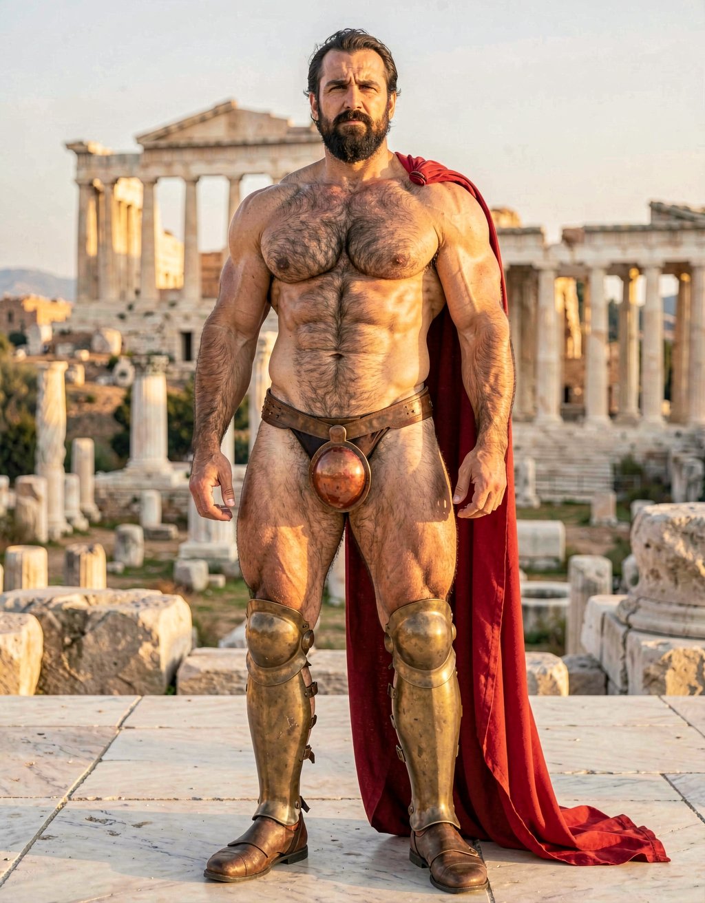 Pericles. A full-body, highly detailed and realistic historical portrait of a completely naked Pericles at 35 years old standing confidently in 460 BC Athens, Classical Greece. Full length view from feet to head, frontal three-quarter angle. He has an elongated distinctive 
