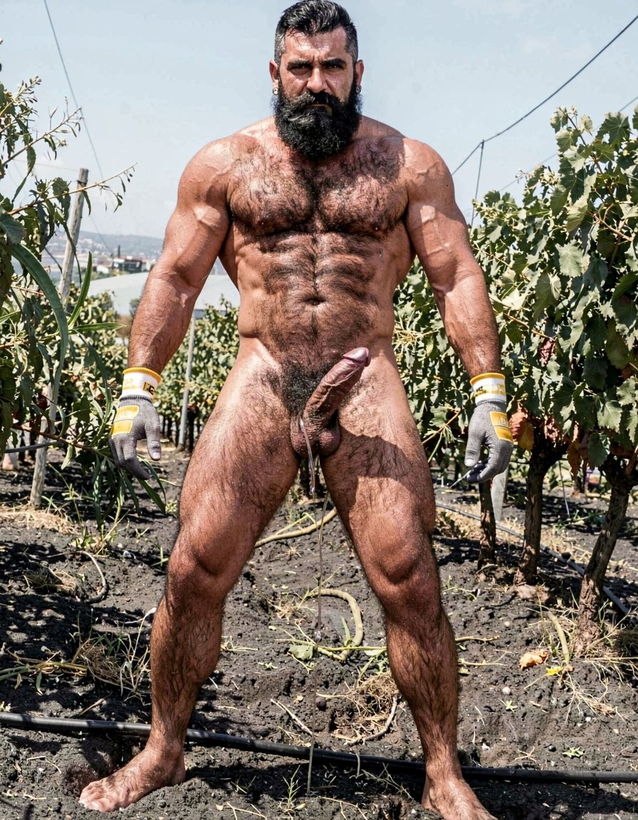 A hyper-realistic full-body vertical photograph taken in harsh midday Santorini sunlight over black volcanic soil between rows of Assyrtiko vines. Dimitris, 32, stands completely naked except for grey work gloves with yellow and white stripes, feet planted wide apart on the dark earth, toes gripping the soil. Shot from a low frontal angle so every inch from his big dirty feet to the top of his head is visible without cropping. His body is at 5% body fat, extremely muscular competition physique: huge veiny traps and shoulders, massive hairy pecs, eight-pack abs partially covered by dense black curly body hair that runs from his neck all the way down to his toes. Extremely thick black pubic bush, massive thick veiny Greek cock rock-hard and pointing upward almost touching his abs, swollen purple glans shiny with precum, a long clear drop hanging from the slit. Heavy low-hanging hairy balls. Thick black hair covers his powerful thighs, calves and feet. His face is pure predator: long thick connected black beard and mustache, short jet-black hair with shaved sides, dark intense eyes looking straight at the viewer, small silver earring in left ear. Skin deeply tanned and covered in sweat that makes the dense body hair glisten. Every muscle, every strand of wet black hair, every vein is razor sharp under the direct Mediterranean sun. Maximum photorealistic detail, vertical composition showing the entire body head to toe with no cropping.