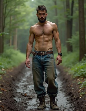 Hombre de 30 años, con unos vaqueros muy viejos y botas bajas, el torso desnudo, está masturbándose metido en un bosque embarrado