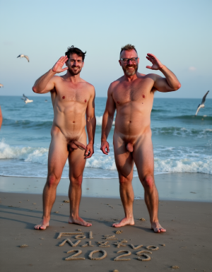 Día de Año Nuevo 2026. Dos hombres llamados Juan y Pedro, tienen los pies descalzados pero están totalmente desnudos. 

Juan es un hombre de 50 años de edad, muy atlético y tiene sus músculos muy definidos y es muy peludo, está totalmente desnudo, tiene un pene largo erecto de 36cm de longitud y 9cm de diámetro, tiene cabello negro largo ondulado y desordenado, tiene mucho vello pectoral, tiene piernas masculinas con abundante vello, tiene brazos peludos,  su cara tiene forma cuadrada tiene mentón prominente con hoyuelo muy pronunciado y muy masculino, su barba está bien afeitada y su cara está muy limpia resaltando sus facciones masculinas. 

Pedro es un hombre de 58 años de edad con músculos marcados sin grasa, está totalmente desnudo, tiene un pene largo de 39 cm de longitud y 9 cm de diámetro, tiene cabello pelirrojo rizado abundante y largo de color rojo, tiene abundante vello pelirrojo pectoral de color rojo oscuro en abundancia, tiene piernas masculinas con mucho vello, tiene brazos peludos y muy masculinos. Pedro tiene presencia atlética y es muy peludo, mucho pelo por todo su cuerpo. 

Pedro y Juan enseñan sus músculos muy marcados y bien definidos, están de pie sobre la arena de la playa con olas azules y con el Sol reflejándose los primeros rayos del Sol sobre el agua del mar al amanecer mientras vuelan dos gaviotas. En la arena de la playa está trazado el texto: 