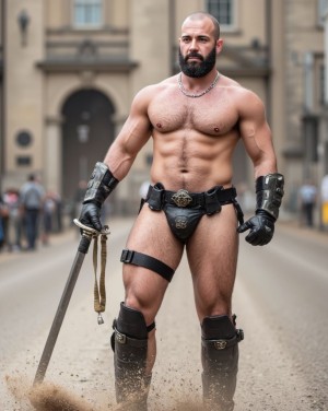 Figurante vestido de gladiador leather medio desnudo junto a una atracción turística de Roma. Se ven turistas al fondo

