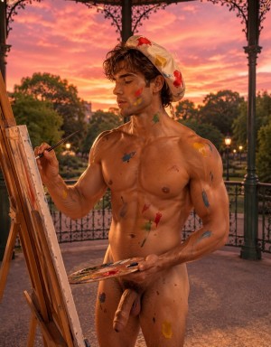 Un hombre joven desnudo pinta sobre un caballete en un quiosco de hierro forjado, con el cuerpo musculoso cubierto de manchas de pintura de colores en el pecho, brazos, abdomen y piernas. Lleva una boina clara también salpicada de rojo y sostiene un pincel en una mano y una paleta en la otra, concentrado en el lienzo mientras su pene queda visible de forma frontal. La escena tiene una estética artística y sensual, iluminada por un atardecer rosado y naranja, con árboles, farolas y una barandilla al fondo que aportan un ambiente de parque romántico y bohemio.