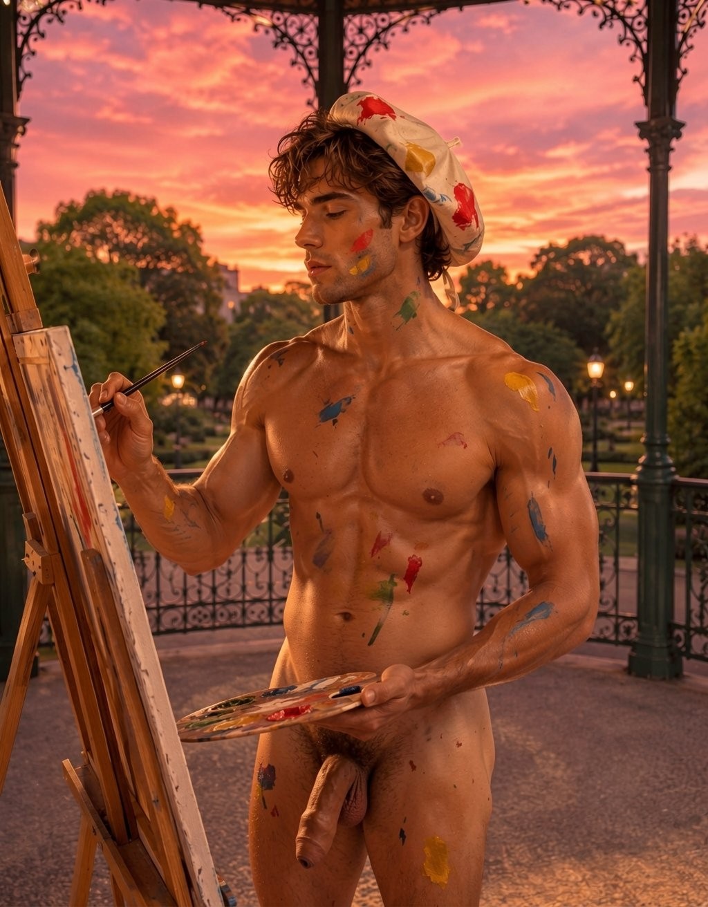 Un hombre joven desnudo pinta sobre un caballete en un quiosco de hierro forjado, con el cuerpo musculoso cubierto de manchas de pintura de colores en el pecho, brazos, abdomen y piernas. Lleva una boina clara también salpicada de rojo y sostiene un pincel en una mano y una paleta en la otra, concentrado en el lienzo mientras su pene queda visible de forma frontal. La escena tiene una estética artística y sensual, iluminada por un atardecer rosado y naranja, con árboles, farolas y una barandilla al fondo que aportan un ambiente de parque romántico y bohemio.