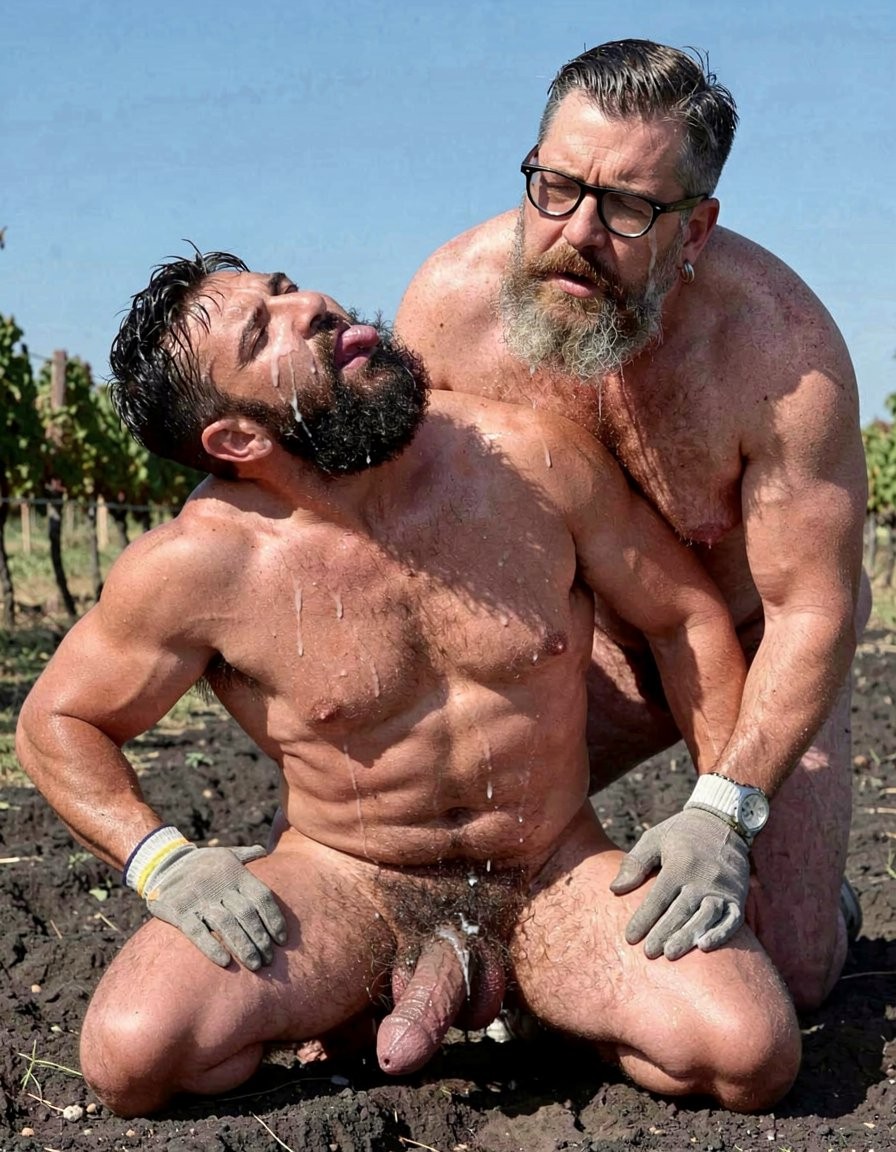 In the brutal direct midday Mediterranean sunlight of a Santorini vineyard on black volcanic soil between rows of Assyrtiko vines, the powerfully built 32-year-old Greek worker Dimitris is crouched extremely low like an animal with his thick muscular legs spread wide and knees planted firmly in the dark earth. Completely naked except for grey work gloves with yellow and white stripes, he reaches back with both large gloved hands and aggressively pulls his hard round hairy glutes wide apart, fully exposing his dark wrinkled sweaty asshole surrounded by dense wet black curly hair. His competition-level physique at 5% body fat is violently pumped and vascular with every striation visible across his massively developed back, traps, lats, obliques, hamstrings and calves, all glistening with thick layers of sweat that catch the harsh overhead sun. He has short jet-black hair with sharp faded sides, a thick black beard pointing upward, a silver hoop earring, and has thrown his head completely back staring at the bright blue sky with his mouth open in raw pleasure. Directly behind him, Hipsterbarba, 45 years old, extremely muscular and fibrous at 8% body fat, is on his knees completely naked except for black thick-rimmed glasses, his long salt-and-pepper hipster beard buried deep between Dimitris’ spread cheeks as he performs an intense deep beso negro. His tongue is visibly thrust far inside the tight hairy hole, saliva dripping heavily down the crack and matting the black hair while he eats the ass hard and without mercy. Hipsterbarba’s own highly vascular hairy body remains tense, his face and beard pressed tight against the sweaty muscular ass. Strong specular highlights from the intense sunlight create dramatic contrasts on every bead of sweat, strand of wet body hair, glistening saliva, exposed wrinkled asshole, and striated muscle. Hyper-realistic full-body vertical photograph with perfect unflawed anatomy and proportions, completely uncropped from the dirty bare feet sunk in the volcanic soil all the way to the tops of their heads, razor-sharp photorealistic detail, cinematic lighting with deep anatomical shadows and raw dominant masculine sexual energy.