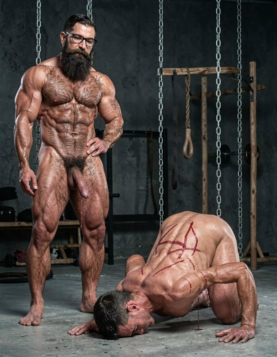 Hyperrealistic cinematic full-body photograph in a medium full American shot from a direct rear point of view, perfectly corrected anatomy with zero distortions or deformations. Dramatic side lighting inside the dark brutal dungeon gym, strong contrast, deep shadows and visible sweat on skin.

Hipsterbarba stands tall and dominant on the left side of the frame, 40 years old, 180cm, 80kg, 8% body fat, powerful muscle bear physique perfectly proportioned. Dense dark body hair covers your heavy pecs, shoulders, abs and thick thighs. Long thick Bandholz beard and curled handlebar mustache visible from the back of your head along with black glasses. Your hips are pressed forward, your thick veiny cock buried completely to the root inside Anil, only your heavy hairy balls visible and pressed tight against his stretched hole.

Anil is positioned on all fours like an obedient animal in the center, 25 years old, extreme bodybuilder slave, 175cm, 80kg, 6% body fat, completely smooth tanned skin from the neck down. Massive 127cm back in extreme V-taper covered in fresh red whip marks, round firm 90cm glutes pushed high and back, perfectly showing the deep penetration from straight behind: your thick cock stretching his pink asshole wide open with realistic detail. The tight metal cock ring squeezes the base of his swollen purple cock hanging down between his thick 70cm quads, dripping a long thick string of precum onto the concrete floor. His forehead is pressed against the cold floor, back arched deeply, body trembling slightly.

The concrete floor, hanging chains, wooden stocks and BDSM equipment are visible in the dark background. Extreme photorealistic detail, perfect anatomy and proportions on both bodies from this direct rear view, visible stretch and depth of penetration, sweat, red lash marks and raw intensity of total ownership.