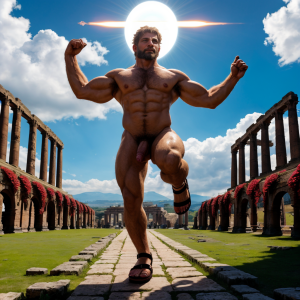 En el año 49 a.C., Julio César desnudo con pene grande. Está por las calles de la ciudad de Roma. Está bronceado y con testículos peludos, muestra su bíceps derecho con orgullo. Tiene un aro luminoso y alas blancas azuladas, destacando sus genitales velludos, sandalias, monedas esparcidas y geranios. Salta hacia arriba subiendo al cielo. Es muy atractivo. Está volando entre nubes. Se ve todo el cuerpo muy bonito, cabeza y pies con sandalias..