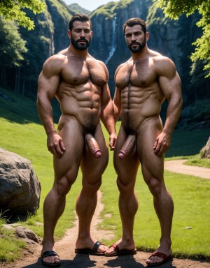Dos Hombres desnudos con pene grande y grandes testículos peludos. Tiene Cabeza y cara de hombre de 40 años de edad. Tiene un pene grande y erecto de donde sale semen líquido blanco. Con la mano se acaricia suavemente. Tiene mucho vello por todo el cuerpo. Lleva sandalias de color rojo en los pies. Es muy viril, con cara de malote. Está de pie parado en un camino de un prado verde. Está delgado. Tiene los pies en el suelo. Está contento. Tiene mucho vello en todo el cuerpo. Es muy delgado. Tiene zapatos en los pies. Tiene mucho vello. Es muy delgado. Tiene los pies en el suelo. Tiene nariz grande. Son muy viriles. Se dan la espalda. Está uno detrás del otro.